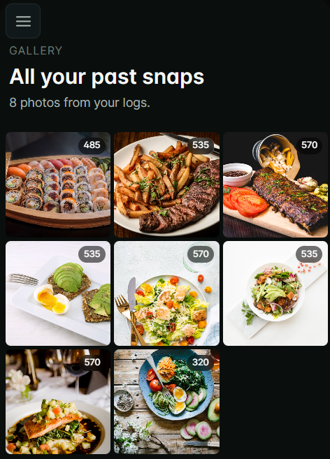 Maya's food photo gallery — eight logged meals with calorie labels