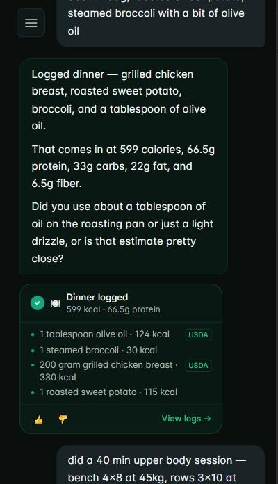 Chat: 'log dinner — grilled chicken breast about 200g, roasted sweet potato, steamed broccoli with a bit of olive oil' and Maya's reply with an itemised Dinner card, per-item calories and USDA badges