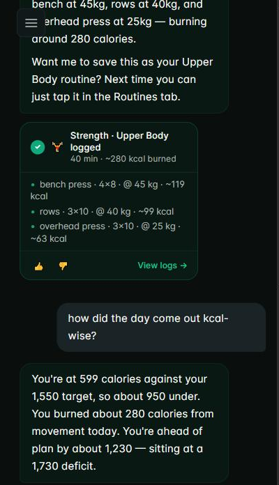 Chat: the upper-body workout card, then 'how did the day come out kcal-wise?' and Maya's calories, workout, and deficit summary