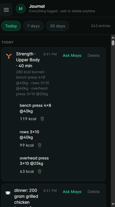 Journal: every entry from today — Strength · Upper Body 40 min with per-exercise calories, and dinner with per-item calories and macros — each with Ask Maya and Delete controls
